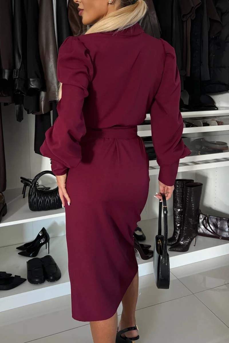 Rochie de damă, de primăvară și toamnă, de culoare uni, elegantă, cu decolteu în V